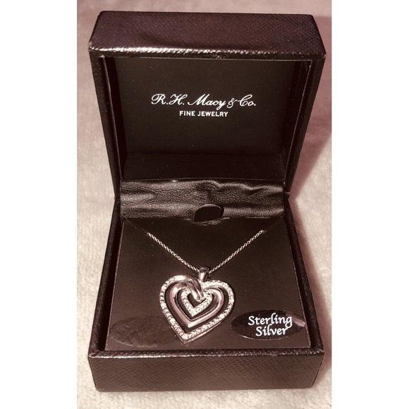 RH Macy Triple Heart Diamond Pendant 18" Sterling Silver Necklace‎ 1/10 ctw NEW - Picture 1 of 8